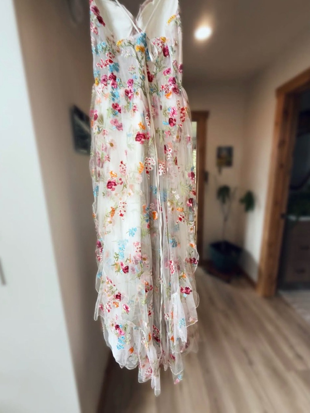 White Strapless Floral Embroidered Evening Gown - Picture 3 of 5